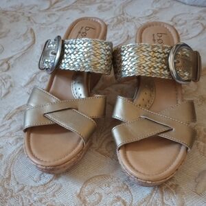 b.o.c. Gold and Tan Woven Strap Sandals
